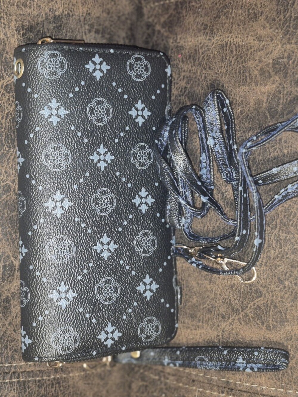 Black Patterned Crossbody Wallet with Light Blue Motifs